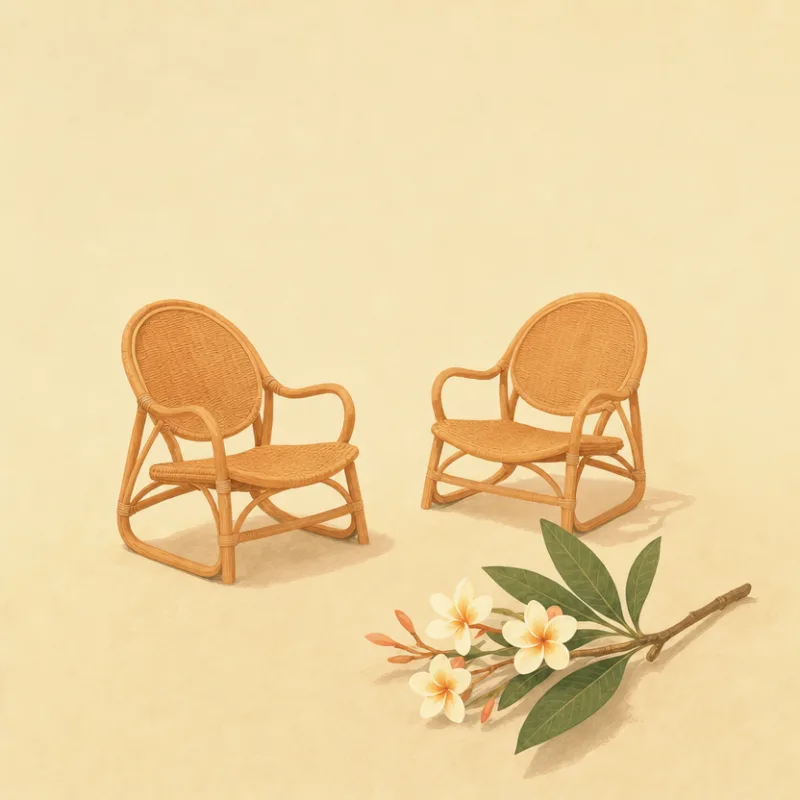 Two empty rattan chairs beside a frangipani branch