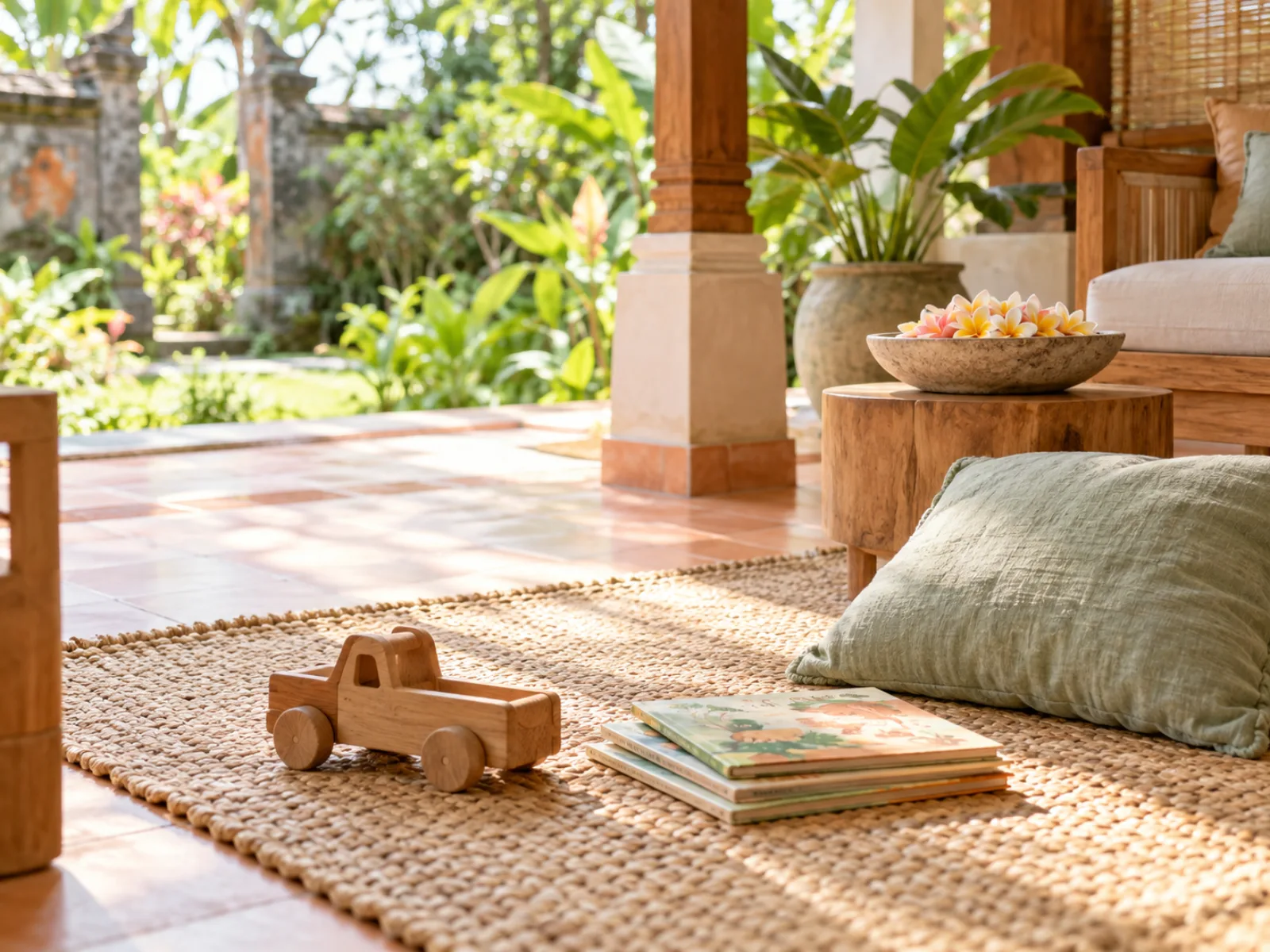 A bright veranda of a Balinese family home in morning light, a wooden toy truck and children's picture books on a woven mat, a sage green cushion and a bowl of frangipani